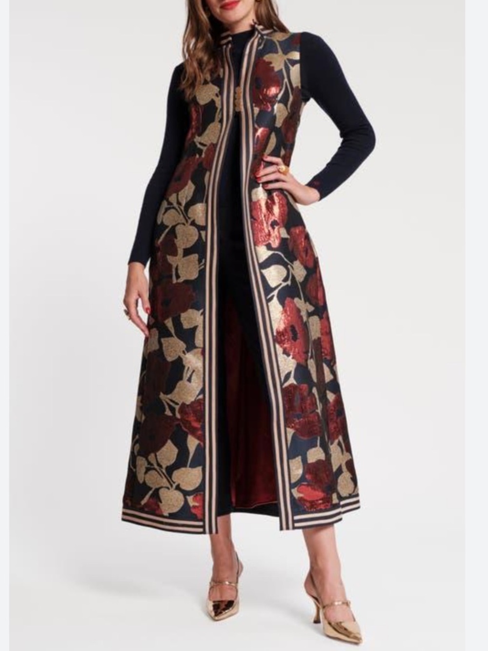 FRANCES VALENTINE Susie Metallic Floral Sleeveless A-Line Maxi Jacket Size 6 NWT - Picture 16 of 16